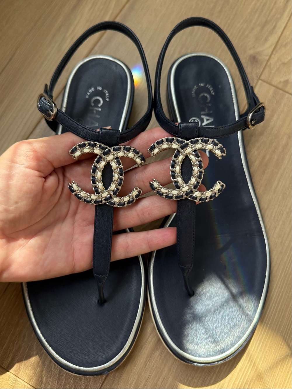 CHANEL Leather CC-T Logo T-Strap Sandals with Braided Gold-Tone Emblem